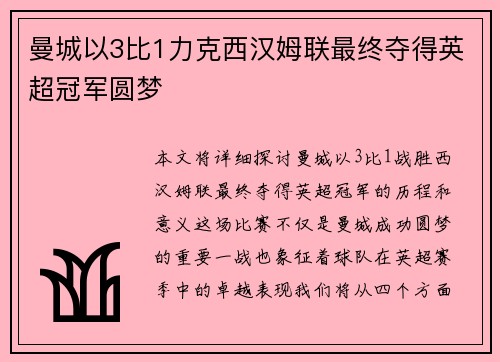 曼城以3比1力克西汉姆联最终夺得英超冠军圆梦